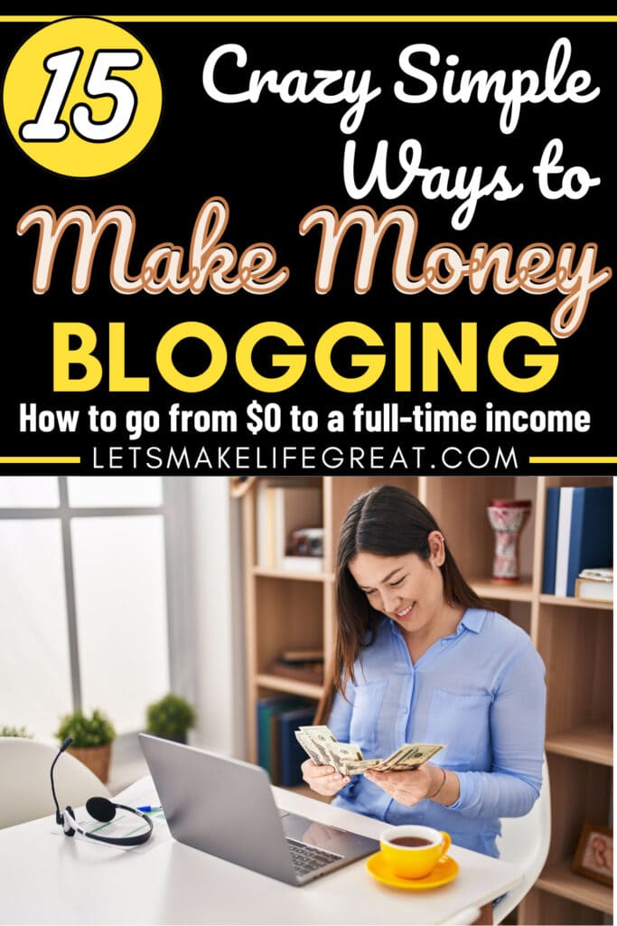 happy woman counting money at laptop - ways to make money blogging