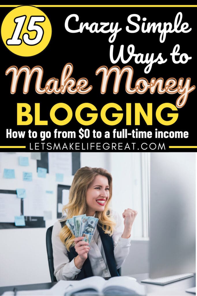 happy woman with handful of cash at computer - ways to make money blogging