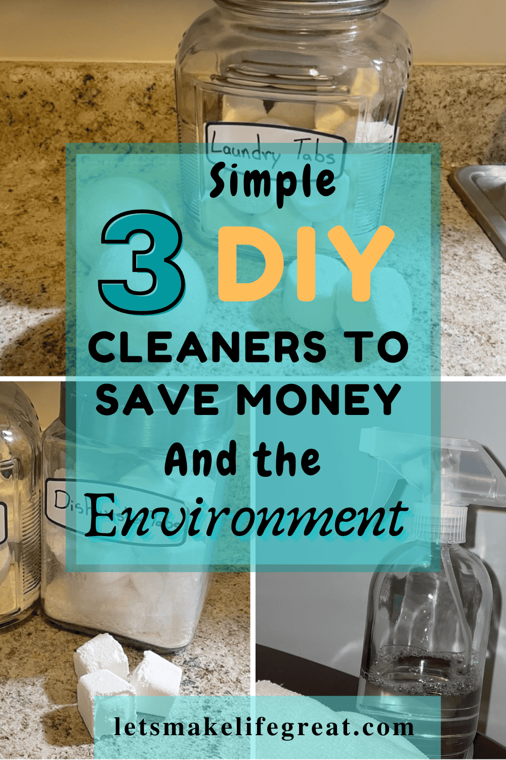jars of laundry and dishwasher detergent sitting on counter top with text overlay - 3 DIY cleaners that save money and the environment