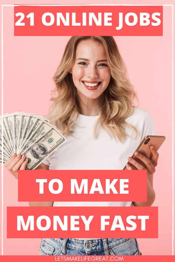 beautiful and happy woman holding stack of cash in hand - best work from home jobs and side hustles