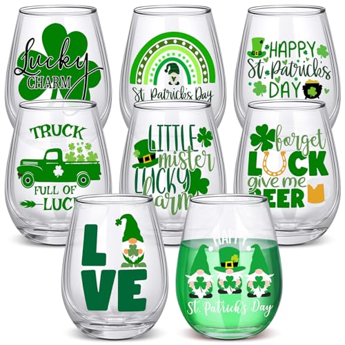 Nitial 8 Pcs St Patrick's Day Stemless Wine Glass Cups Happy St Patrick's Day 12 oz Shamrock Wine Tumbler Ice Coffee Beer Beverages Cup for Party Table Decor Birthday Holiday Seasonal Gift