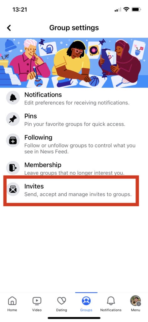 mobile screenshot of Facebook group invite settings