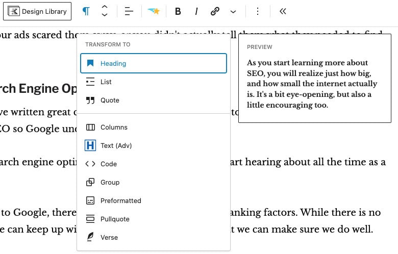 screenshot of how to add an H2 and H3 heading into wordpress
