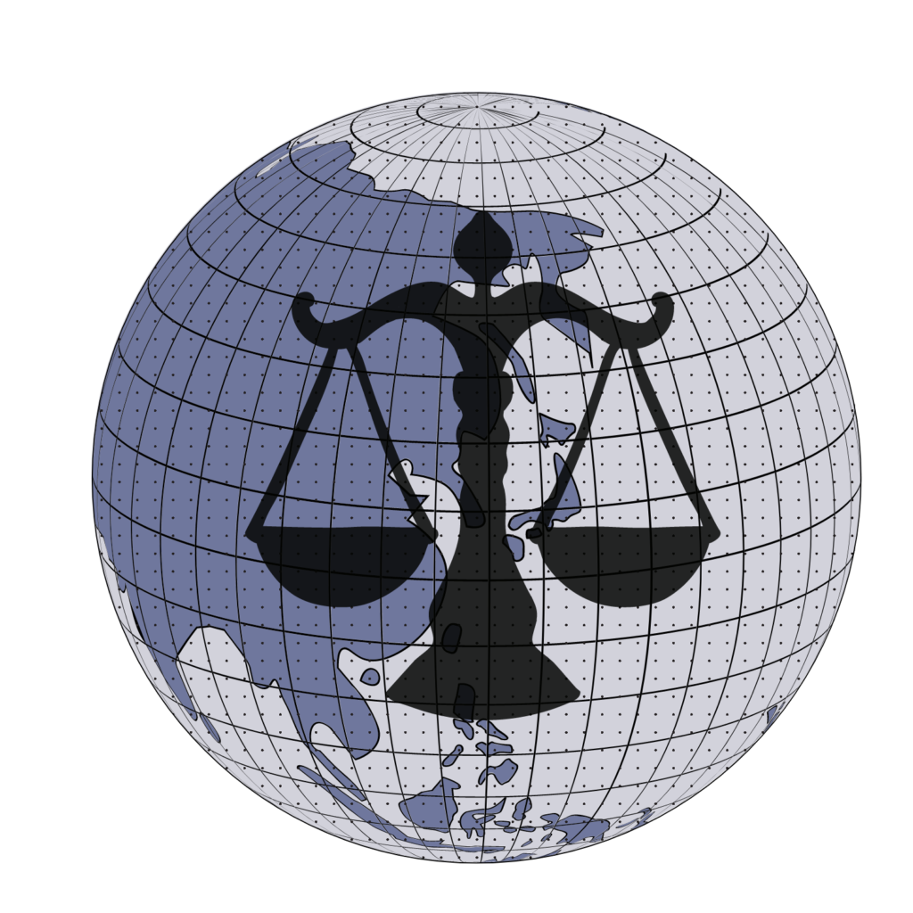 logo of planet earth with grid and justice weight - the glampacking lawyer logo
