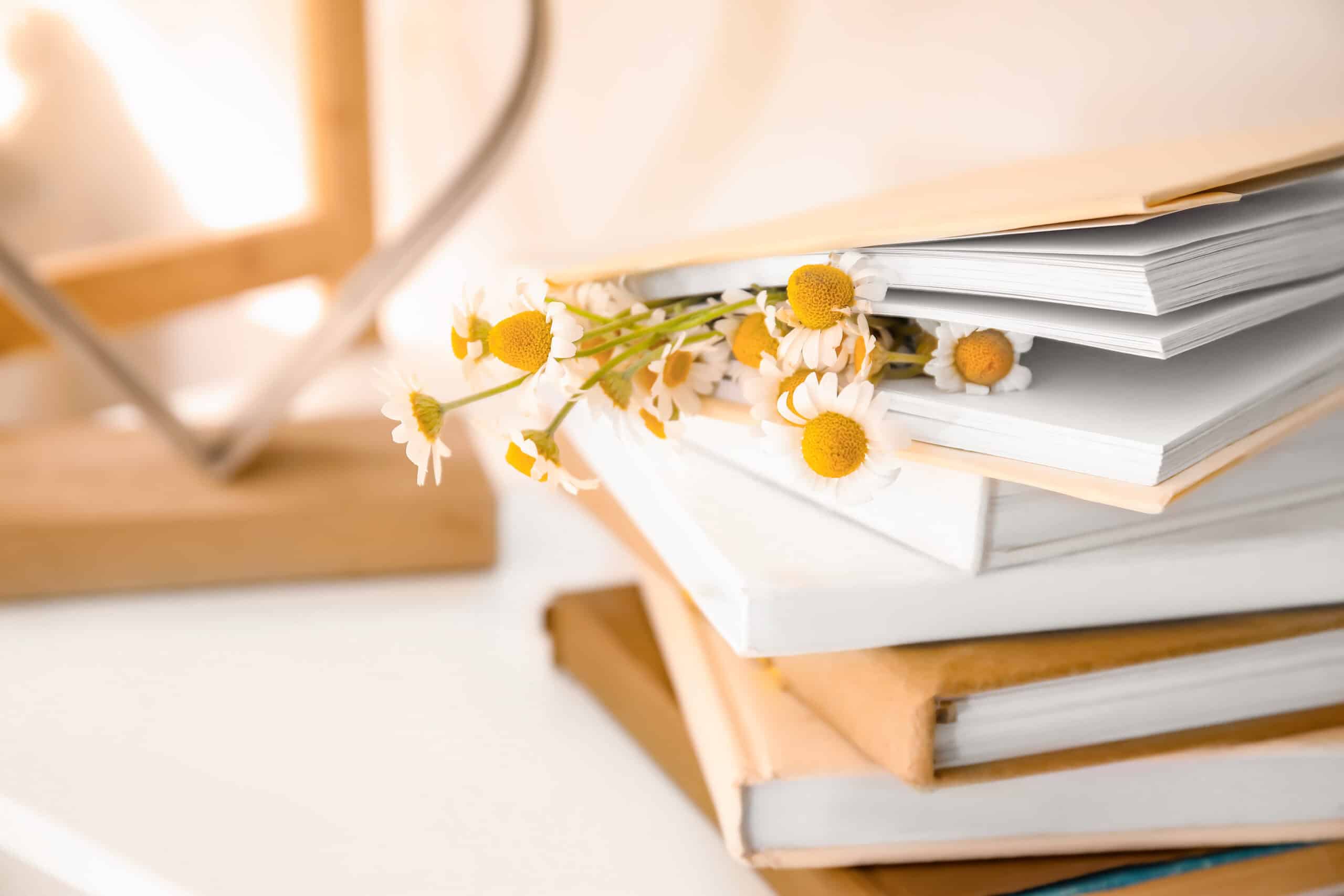 books-beautiful-chamomiles-shelf-closeup-scaled